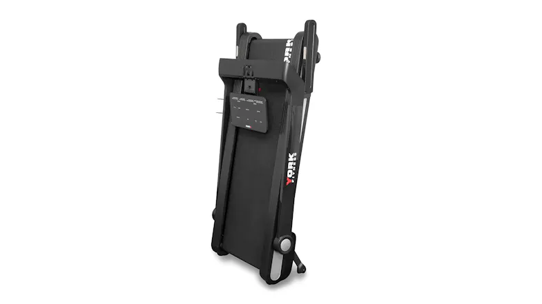 T510 folding treadmill stored upright with compact space-saving design for home gym storage T510 folding treadmill stored upright with compact space-saving design for home gym storage