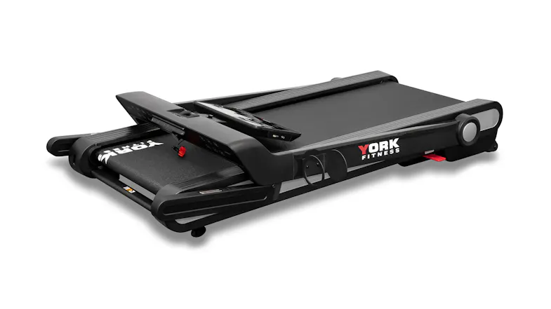 Space-saving York fitness treadmill with foldable frame and slim storage footprint Space-saving York fitness treadmill with foldable frame and slim storage footprint