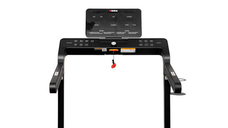 York Fitness treadmill control panel with LCD screen, handrails, and emergency stop safety clip York Fitness treadmill control panel with LCD screen, handrails, and emergency stop safety clip