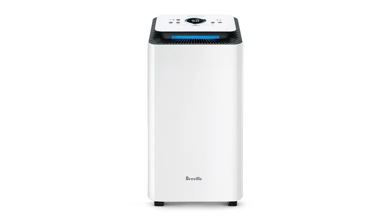 A white Breville Smart Dry Connect 10L Dehumidifier featuring a top-mounted control panel and a front-facing logo A white Breville Smart Dry Connect 10L Dehumidifier featuring a top-mounted control panel and a front-facing logo