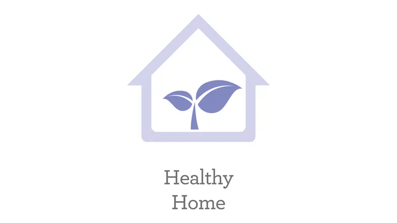 A house outline containing a leaf with the text "Healthy Home," symbolising improved indoor air quality A house outline containing a leaf with the text "Healthy Home," symbolising improved indoor air quality