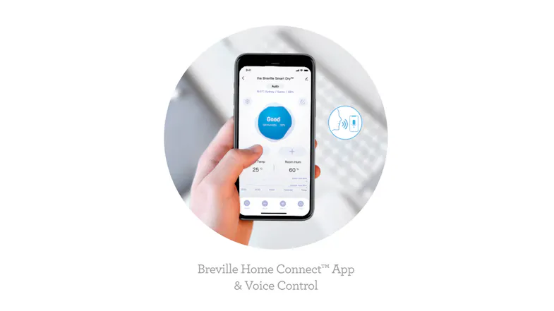 A smartphone displaying the Breville Home Connect app interface, which shows real-time humidity status and controls for both app and voice operation A smartphone displaying the Breville Home Connect app interface, which shows real-time humidity status and controls for both app and voice operation