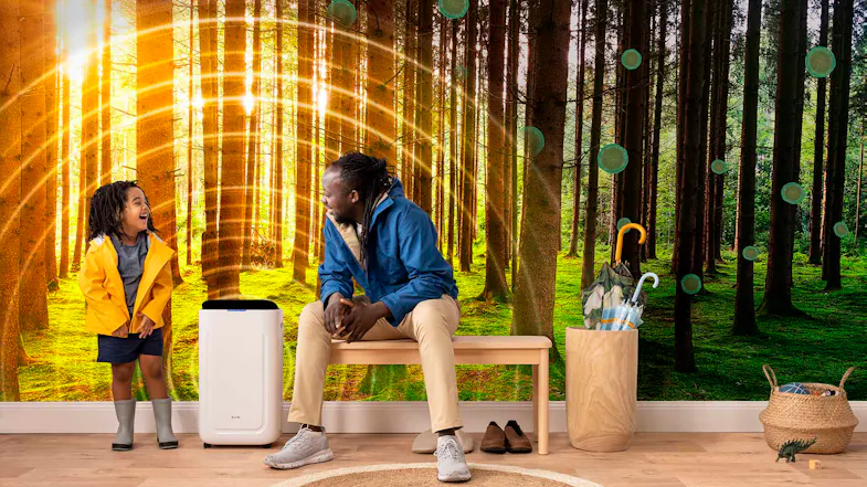 The dehumidifier is situated beside a bench in a home setting featuring nature-themed wallpaper, symbolising fresh and healthy indoor air quality The dehumidifier is situated beside a bench in a home setting featuring nature-themed wallpaper, symbolising fresh and healthy indoor air quality