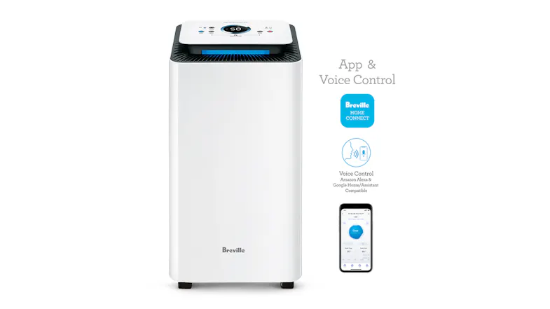 The Breville dehumidifier is shown alongside app and voice control icons, with a smartphone displaying the remote-control interface The Breville dehumidifier is shown alongside app and voice control icons, with a smartphone displaying the remote-control interface