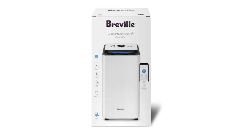 The Breville Smart Dry™ Connect dehumidifier is presented in its retail packaging, featuring a high-quality product image on the box The Breville Smart Dry™ Connect dehumidifier is presented in its retail packaging, featuring a high-quality product image on the box