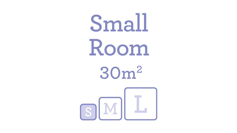 Graphic indicating coverage for small rooms up to 30 square meters, with relative size markers for S, M, and L Graphic indicating coverage for small rooms up to 30 square meters, with relative size markers for S, M, and L