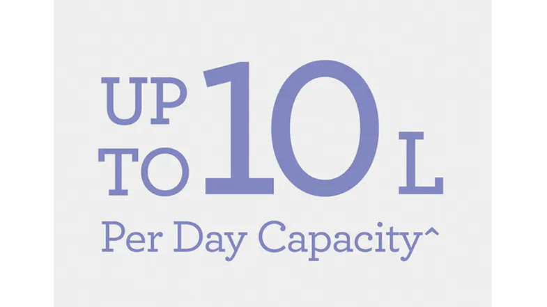 Text graphic stating a dehumidification capacity of up to 10 litres per day Text graphic stating a dehumidification capacity of up to 10 litres per day