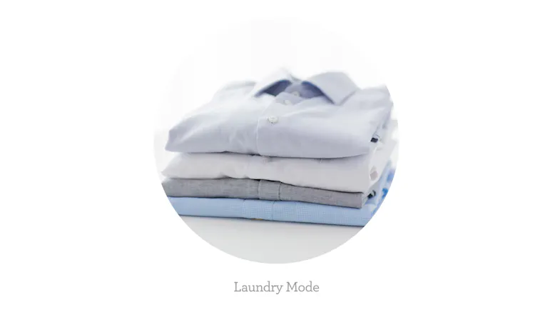 A neatly folded stack of shirts is displayed within a circular icon, representing "Laundry Mode" for efficient clothes drying A neatly folded stack of shirts is displayed within a circular icon, representing "Laundry Mode" for efficient clothes drying
