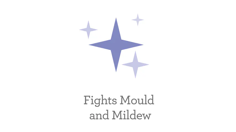Sparkle icons positioned above the text "Fights Mould and Mildew," highlighting the reduction of moisture and fungal growth Sparkle icons positioned above the text "Fights Mould and Mildew," highlighting the reduction of moisture and fungal growth