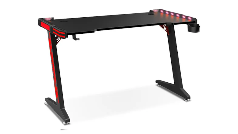 TSB Living LED Gaming Desk with Cup Holder, Hook 120cm - Carbon Fiber/Red Accent TSB Living LED Gaming Desk with Cup Holder, Hook 120cm - Carbon Fiber/Red Accent