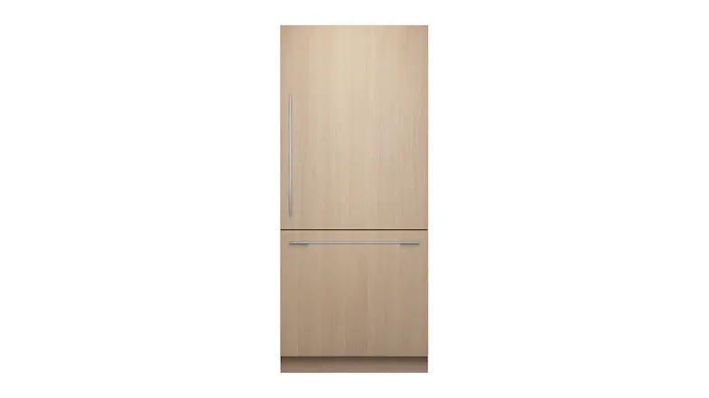A wood-panelled fridge freezer with top and bottom door handles A wood-panelled fridge freezer with top and bottom door handles