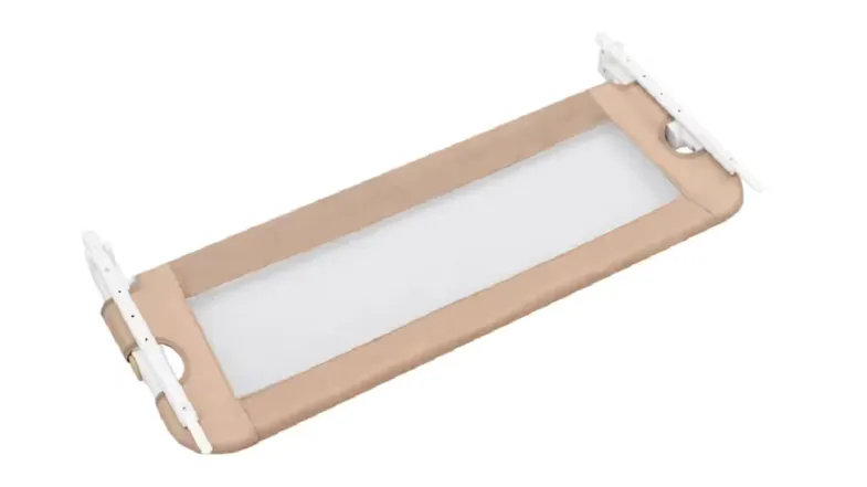 Angled overhead view of the NNEVL Toddler Safety Bed Rail in taupe Angled overhead view of the NNEVL Toddler Safety Bed Rail in taupe