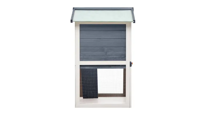 A side view of the hutch showing one mesh panel at the bottom and solid wooden panelling above A side view of the hutch showing one mesh panel at the bottom and solid wooden panelling above
