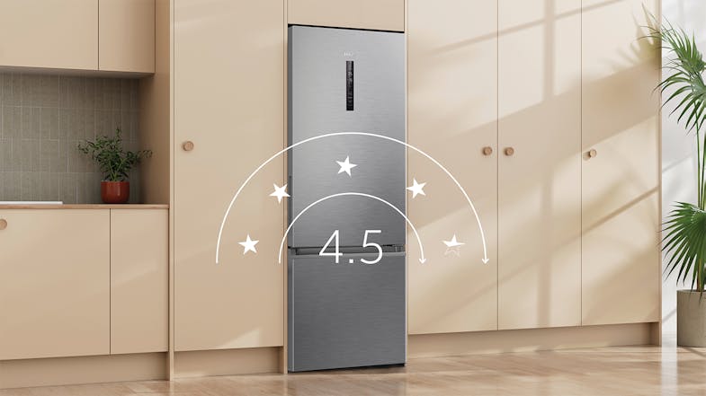 Energy efficiency highlight showing the Haier 334L fridge's 4.5-star rating Energy efficiency highlight showing the Haier 334L fridge's 4.5-star rating