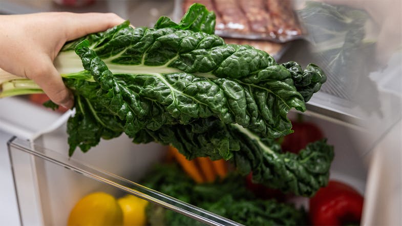Close-up of a hand placing fresh green leafy vegetables into the Haier FreshZone drawer Close-up of a hand placing fresh green leafy vegetables into the Haier FreshZone drawer
