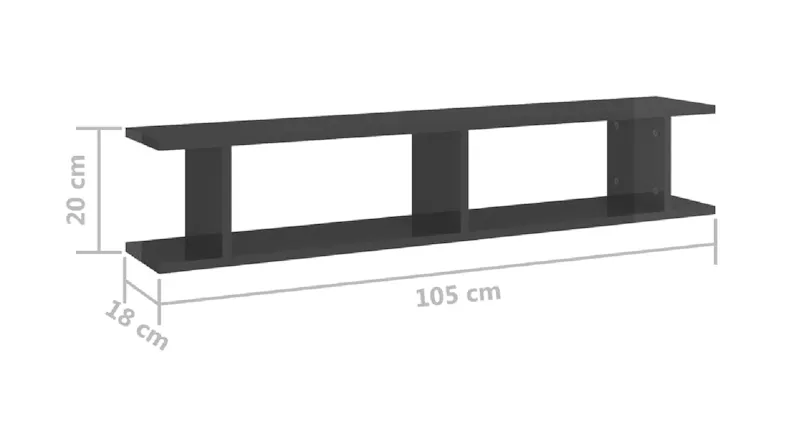 Single Gloss Grey floating ladder shelf with dimension lines displayed Single Gloss Grey floating ladder shelf with dimension lines displayed