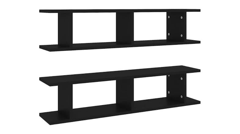 Two Black floating ladder-style wall shelves shown front-facing Two Black floating ladder-style wall shelves shown front-facing