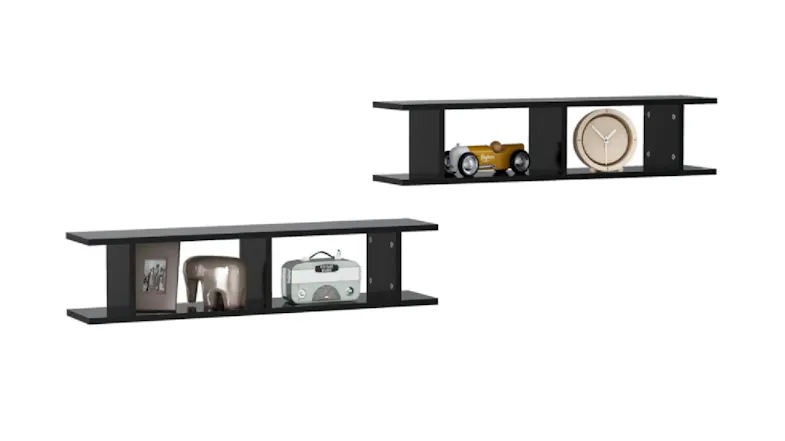 Two Black floating ladder shelves displayed with decorative items Two Black floating ladder shelves displayed with decorative items