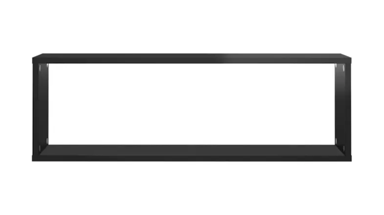 A single black rectangular floating wall shelf is shown from a straight-on perspective A single black rectangular floating wall shelf is shown from a straight-on perspective