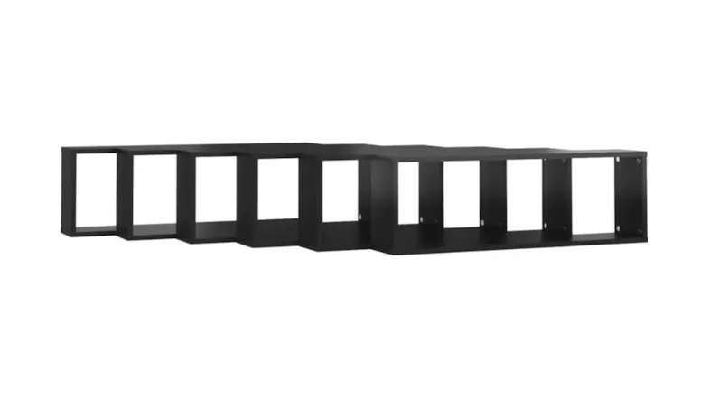 A row of overlapping black rectangular box shelves arranged horizontally A row of overlapping black rectangular box shelves arranged horizontally