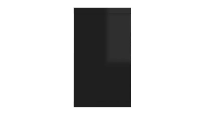 A side-profile view of a solid black rectangular floating wall shelf panel A side-profile view of a solid black rectangular floating wall shelf panel