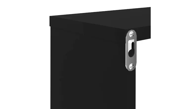 A close-up of a silver keyhole bracket screwed onto the inner back corner of a black floating shelf A close-up of a silver keyhole bracket screwed onto the inner back corner of a black floating shelf
