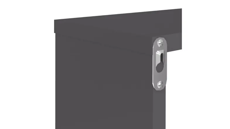 Close-up of a metal keyhole bracket screwed onto the back corner of a grey wooden floating shelf Close-up of a metal keyhole bracket screwed onto the back corner of a grey wooden floating shelf