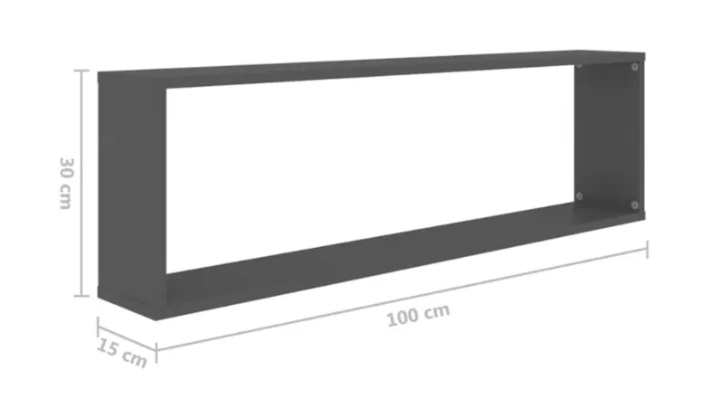 A grey NNEVL rectangular floating shelf with overlay text labels showing dimensions: 30 cm height, 100 cm length, and 15 cm depth A grey NNEVL rectangular floating shelf with overlay text labels showing dimensions: 30 cm height, 100 cm length, and 15 cm depth