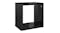 Angled view of a gloss black floating cube wall shelf shown front‑on, displaying a square open interior Angled view of a gloss black floating cube wall shelf shown front‑on, displaying a square open interior