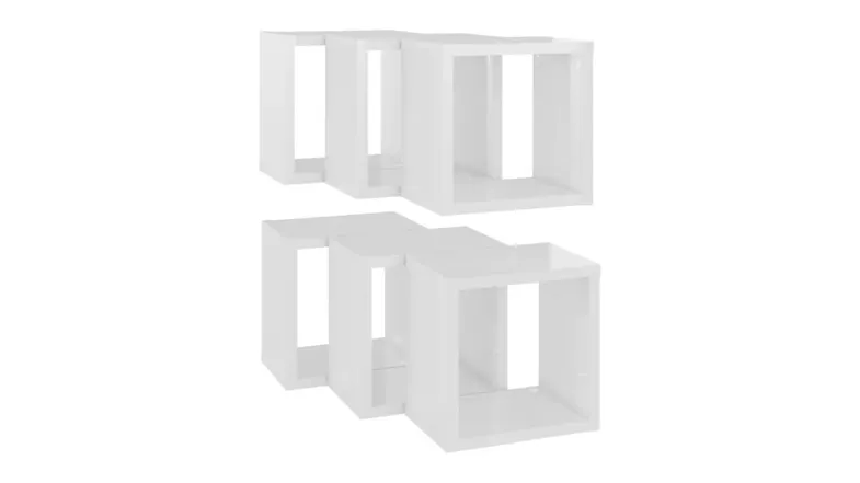 Side view of six gloss white cube wall shelves slightly overlapping, highlighting the thick panels Side view of six gloss white cube wall shelves slightly overlapping, highlighting the thick panels