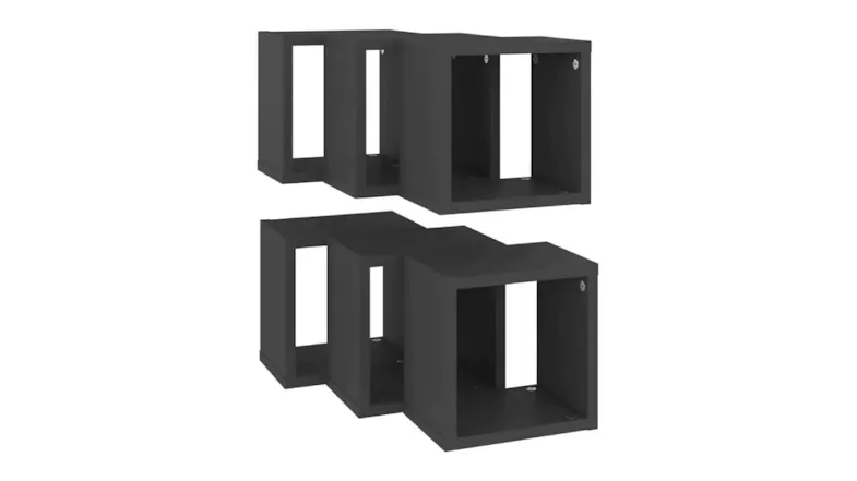 Side view of six grey cube wall shelves slightly overlapping, highlighting the thick panels Side view of six grey cube wall shelves slightly overlapping, highlighting the thick panels