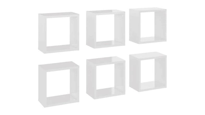 Six floating cube wall shelves in white, shown in two rows Six floating cube wall shelves in white, shown in two rows