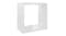 Angled view of a gloss white floating cube wall shelf shown front‑on, displaying a square open interior Angled view of a gloss white floating cube wall shelf shown front‑on, displaying a square open interior