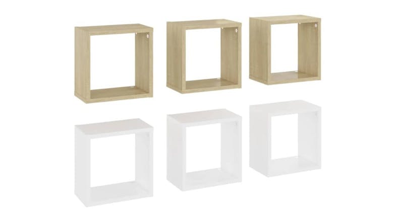 Six Sonoma Oak/White floating cube wall shelves shown side by side, each with a square open‑front design Six Sonoma Oak/White floating cube wall shelves shown side by side, each with a square open‑front design