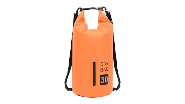 Front view of orange NNEVL 30L PVC Dry Bag with black backpack straps and vertical zipper pocket Front view of orange NNEVL 30L PVC Dry Bag with black backpack straps and vertical zipper pocket
