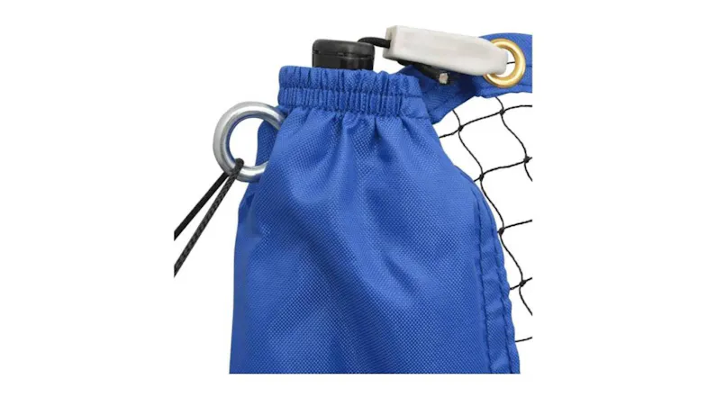 A close-up of the blue fabric sleeve at the end of the badminton net with a metal ring, cord, and tension clip A close-up of the blue fabric sleeve at the end of the badminton net with a metal ring, cord, and tension clip