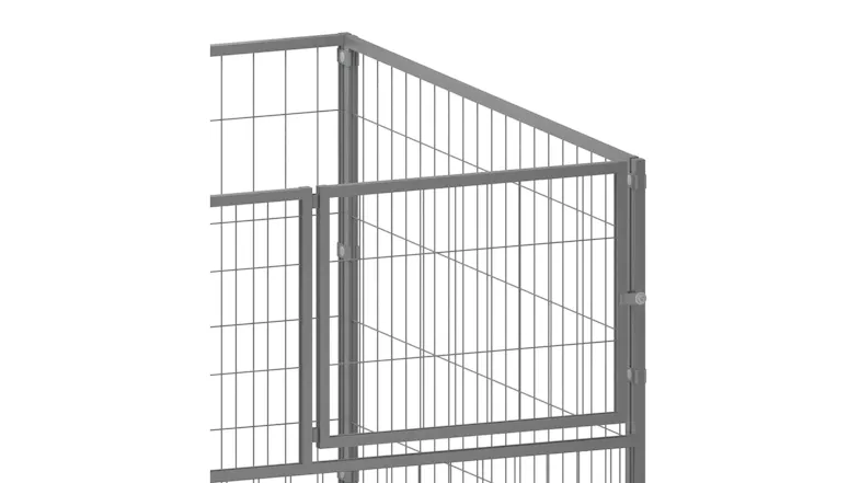 Detailed view of the corner hinges and door latch on a silver wire mesh metal dog enclosure Detailed view of the corner hinges and door latch on a silver wire mesh metal dog enclosure