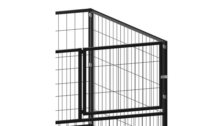 Detailed view of the corner hinges and door latch on a black wire mesh metal dog enclosure Detailed view of the corner hinges and door latch on a black wire mesh metal dog enclosure