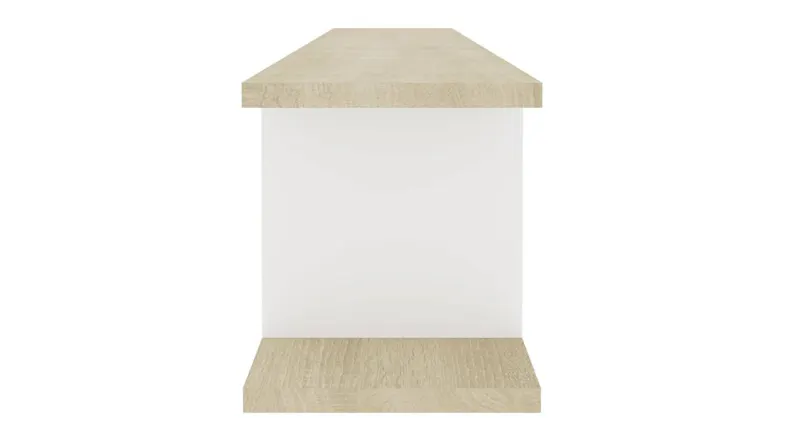 Close-up end view of the Sonoma Oak/White floating shelf Close-up end view of the Sonoma Oak/White floating shelf