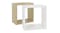 Two floating cube wall shelves shown side by side, one in Sonoma oak and one in white Two floating cube wall shelves shown side by side, one in Sonoma oak and one in white