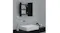 Modern bathroom with an open mirror cabinet over a white sink Modern bathroom with an open mirror cabinet over a white sink