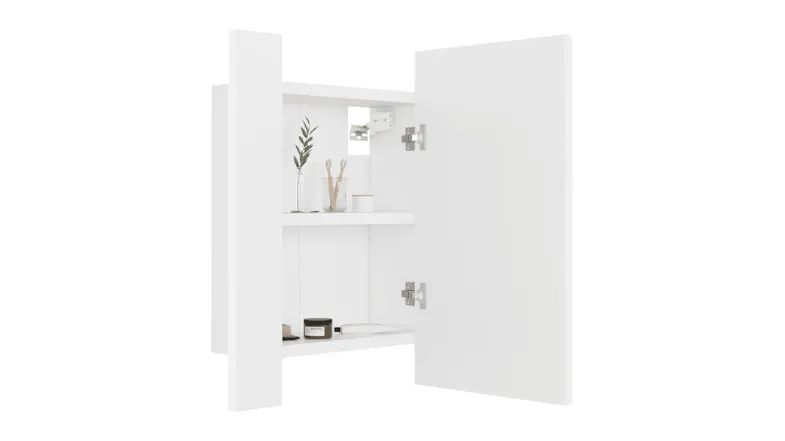 An open bathroom cabinet with a mirrored door An open bathroom cabinet with a mirrored door