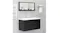 The mirror mounted above a bathroom sink in a grey-tiled bathroom, with toiletries arranged on the shelf The mirror mounted above a bathroom sink in a grey-tiled bathroom, with toiletries arranged on the shelf
