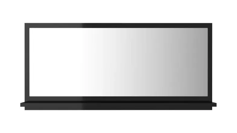A rectangular gloss black-framed bathroom mirror with a slim frame and an integrated bottom shelf A rectangular gloss black-framed bathroom mirror with a slim frame and an integrated bottom shelf