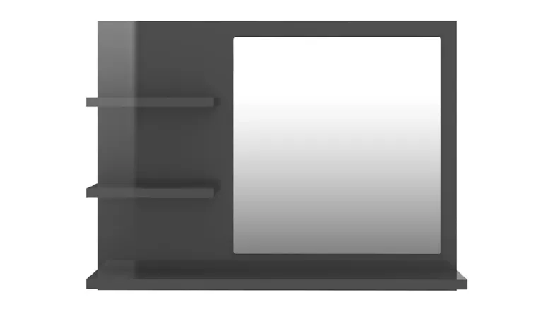 A rectangular Gloss Grey bathroom mirror with a large mirror panel and two small open shelves A rectangular Gloss Grey bathroom mirror with a large mirror panel and two small open shelves