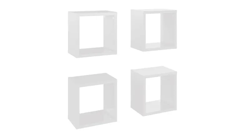 Angled view of four floating cube wall shelves in gloss white, shown in two rows Angled view of four floating cube wall shelves in gloss white, shown in two rows
