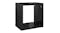 Angled view of a gloss black floating cube wall shelf shown front‑on, displaying a square open interior Angled view of a gloss black floating cube wall shelf shown front‑on, displaying a square open interior