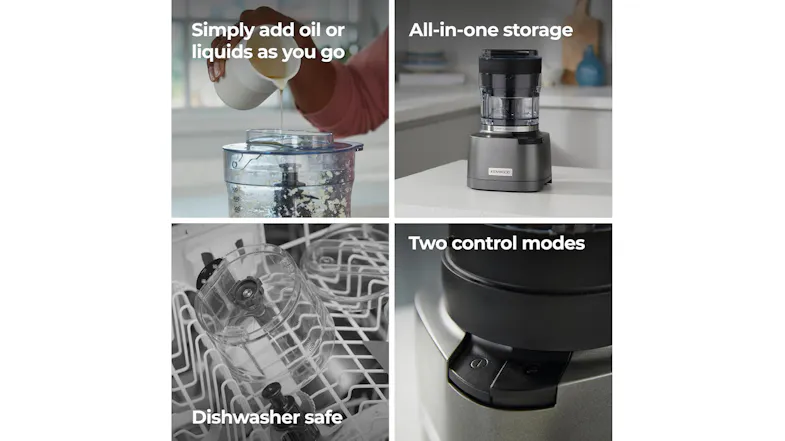 Grid showing liquid drizzle, storage, dishwasher safe parts, and dual controls Grid showing liquid drizzle, storage, dishwasher safe parts, and dual controls