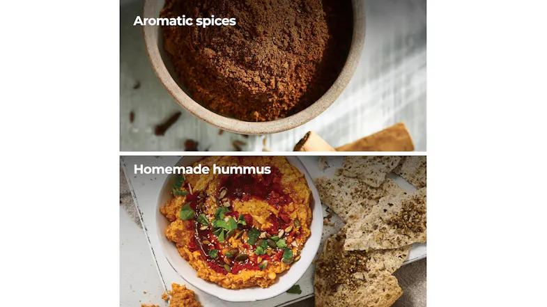 Two panels showing finely ground aromatic spices and a bowl of homemade hummus Two panels showing finely ground aromatic spices and a bowl of homemade hummus