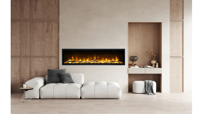 A living room featuring a wall-mounted electric fireplace with realistic flames A living room featuring a wall-mounted electric fireplace with realistic flames